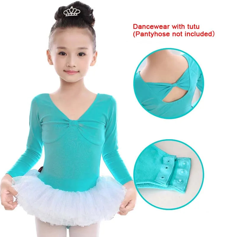 Kids Cotton Ballet Dance Dress Cute Tutu Skirted Leotard for Toddler Girls Long Sleeve Hollow Back Ballet Leotard Dancewear
