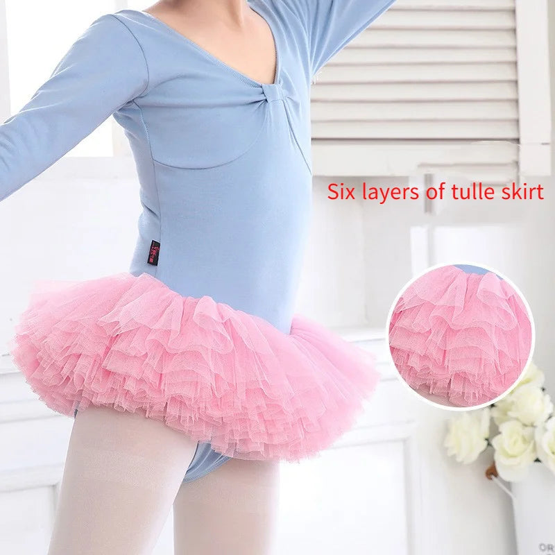 Kids Cotton Ballet Dance Dress Cute Tutu Skirted Leotard for Toddler Girls Long Sleeve Hollow Back Ballet Leotard Dancewear