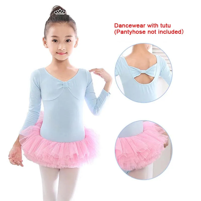 Kids Cotton Ballet Dance Dress Cute Tutu Skirted Leotard for Toddler Girls Long Sleeve Hollow Back Ballet Leotard Dancewear
