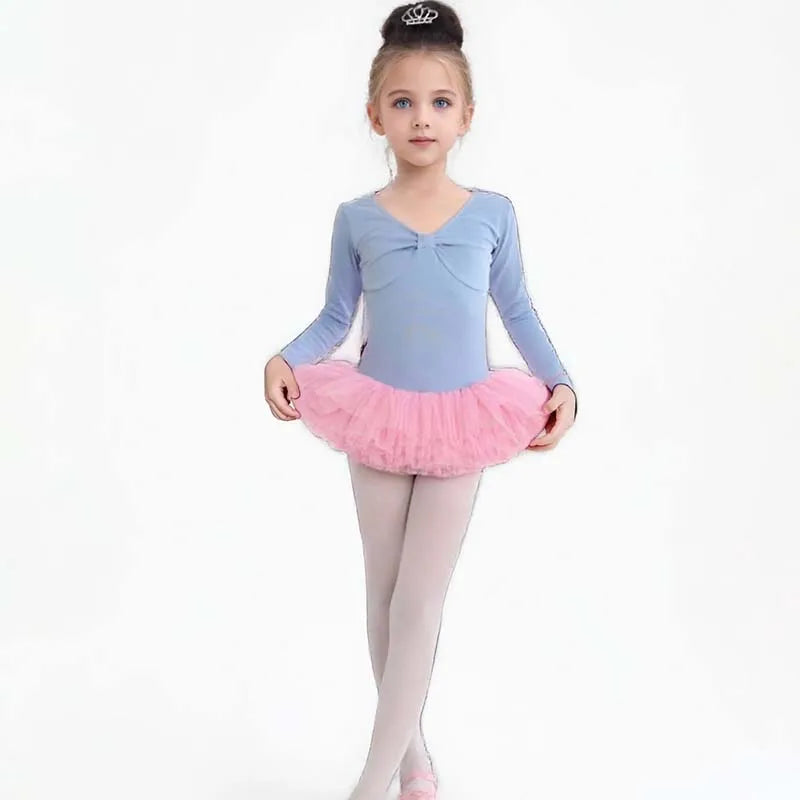 Kids Cotton Ballet Dance Dress Cute Tutu Skirted Leotard for Toddler Girls Long Sleeve Hollow Back Ballet Leotard Dancewear
