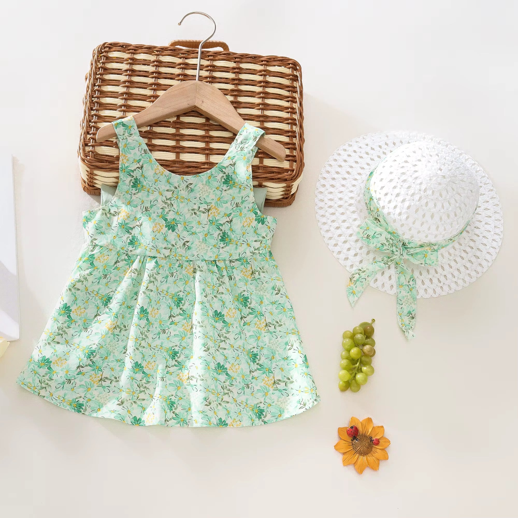 Summer 2-Piece Baby Dress+Sun Hat Bow Strap Floral Baby Girl Dress Soft and Comfortable Children'S Clothing